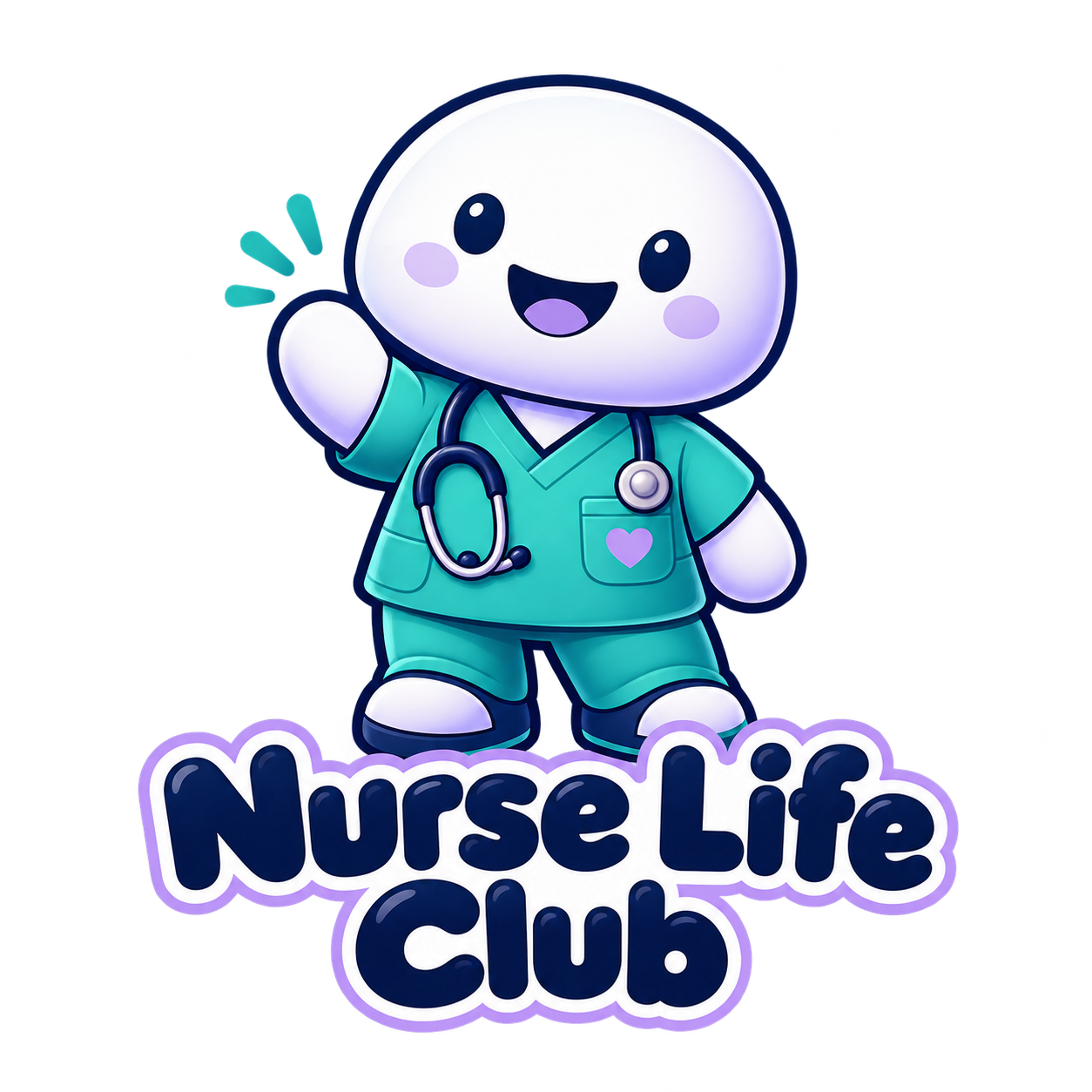 Nurse Life Club's friendly mascot in turquoise scrubs, waving beside the brand name